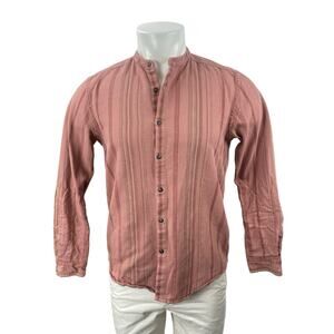 E.T.A Men's Pink Striped Collarless Long Sleeve Button Down Shirt Top Size M